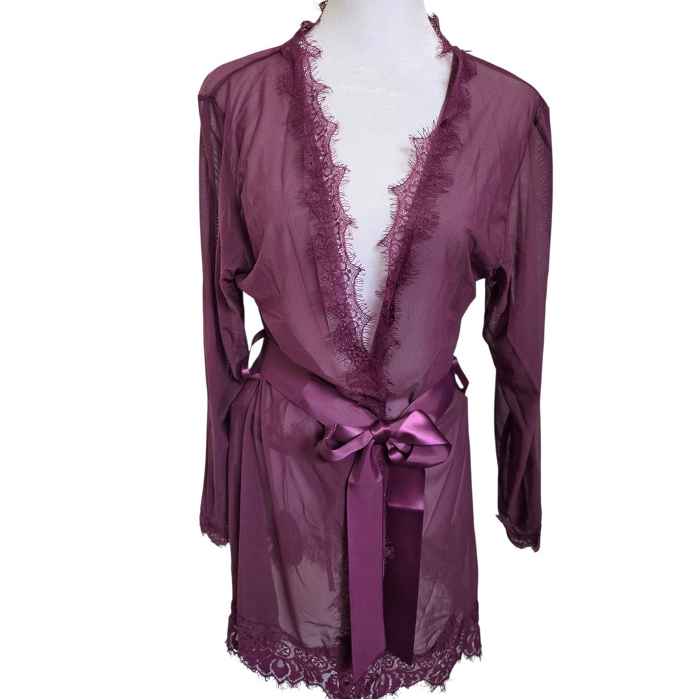 Avidlove Women Plum Purple Sheer Mesh Lace Robe and G-String Lingerie Set Large
